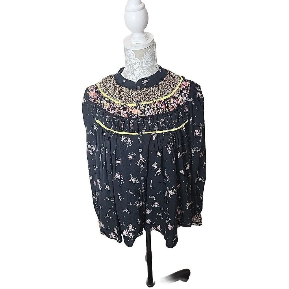 Free People Womens Black Floral Puff Sleeve Boho Cottagecore Peasant Top Small